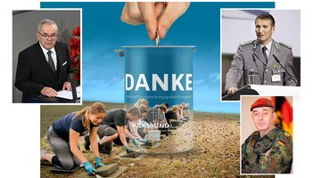 Collage aus Spendendose, Jugendlichen, die Kriegsgräber pflegen, und Porträtfotos dreier Männer