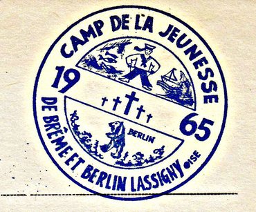 Stempel mit fünf Kreuzen, einem Matrosen mit Segelschiff und Fischen und einem Berliner Bär