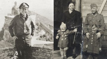 historische Fotos mit zwei Männern in Uniform, einer mit Frau und zwei Kindern
