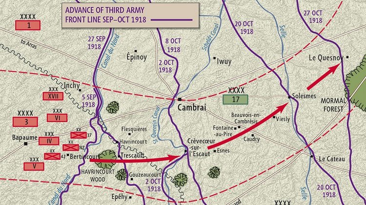 Karte des Frontverlaufs um Cambrai 1918