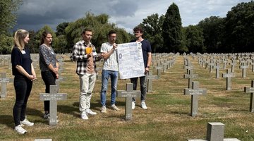 Zwei junge Frauen und drei junge Männer stehen auf einem Friedhof zwischen Grabkreuzen. Sie halten ein selbstgestaltetes Plakat.